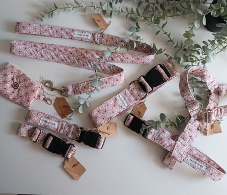 Collares y correas de diseño floral en tonos rosa y elementos decorativos.