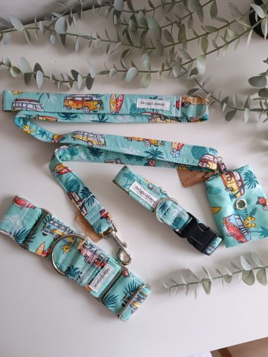 Collares y correas para mascotas con un diseño colorido sobre fondo azul claro.
